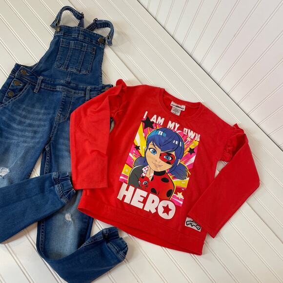 Wallflower& Miraculous Girls Blue Denim Overall 8 Red Tee Bundle 2 Size 7/8 YO - Picture 1 of 10
